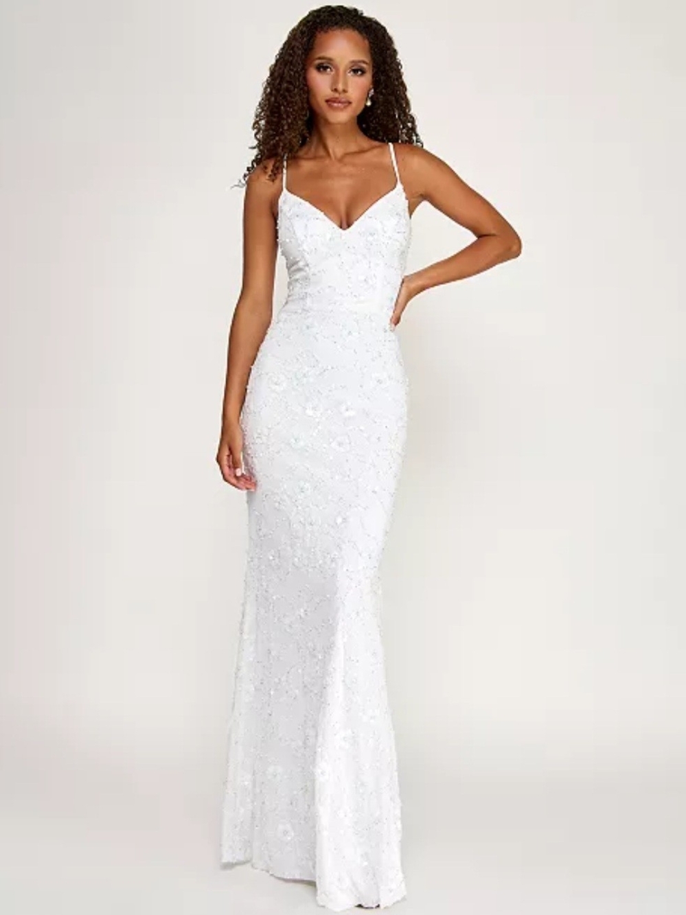 City Lights White Beaded Spaghetti-Strap Evening Gown